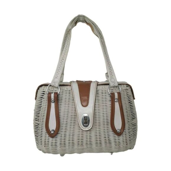 Vintage White & Tan Weaved Wicker Basket Purse | Silver Turn Lock | Le Jule - Picture 1 of 5